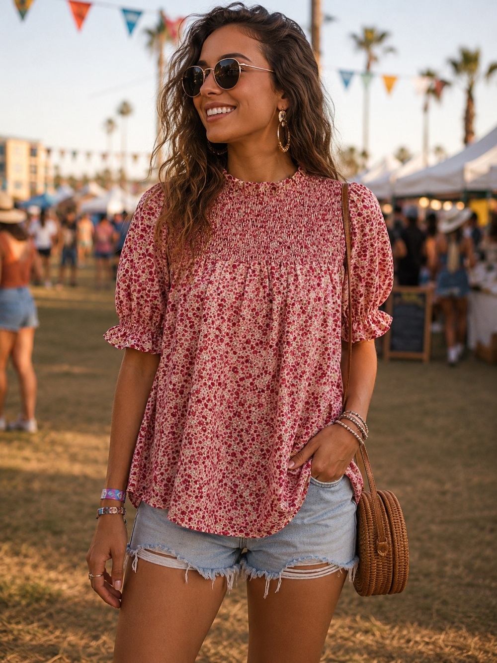 Women’s Pink Floral Smocked Yoke Short Sleeve Blouse Boho Festival Cottagecore